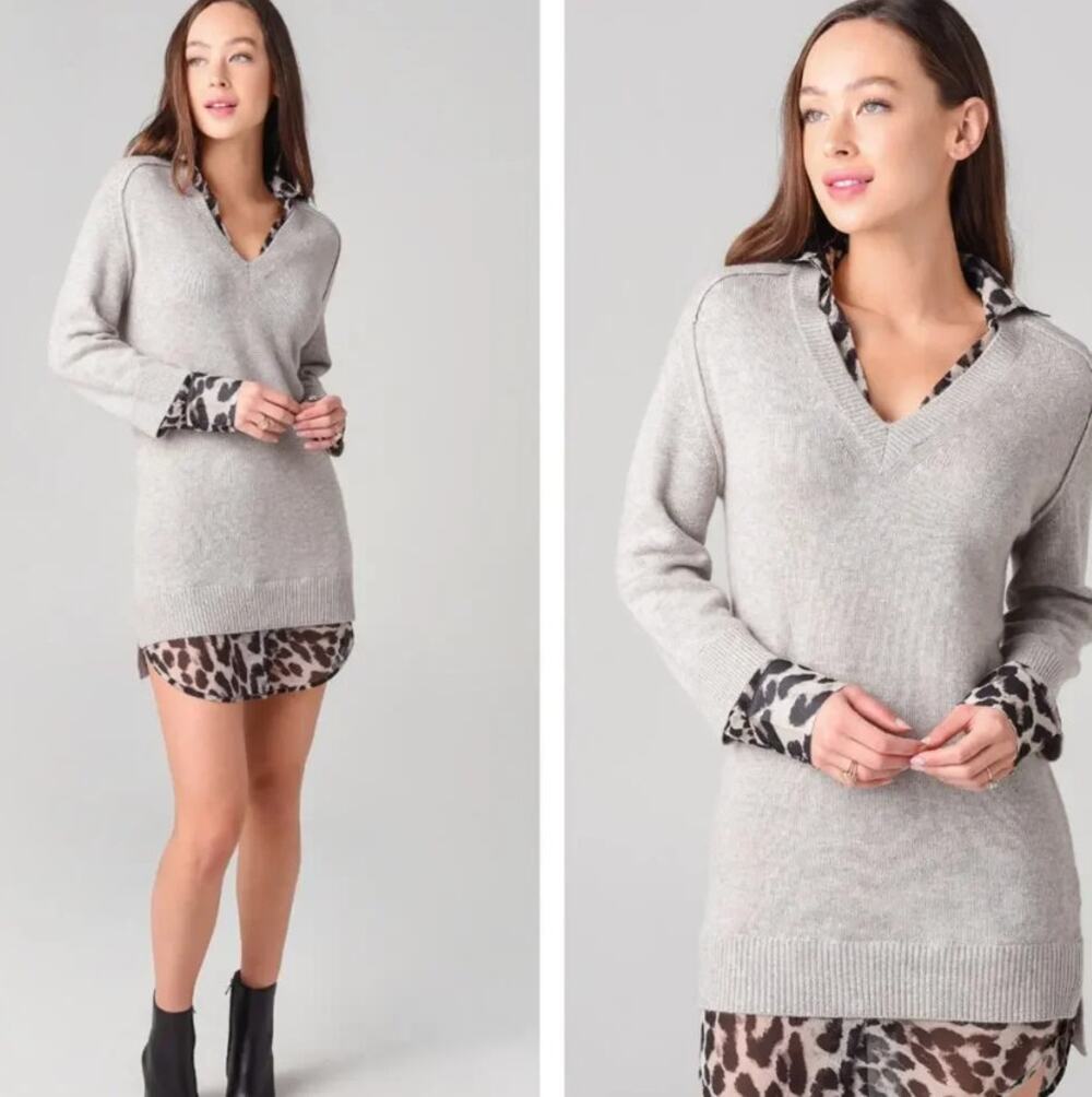 NWT Brochu Walker Layered Looker Dress Gray Leopard Cashmere Size Medium